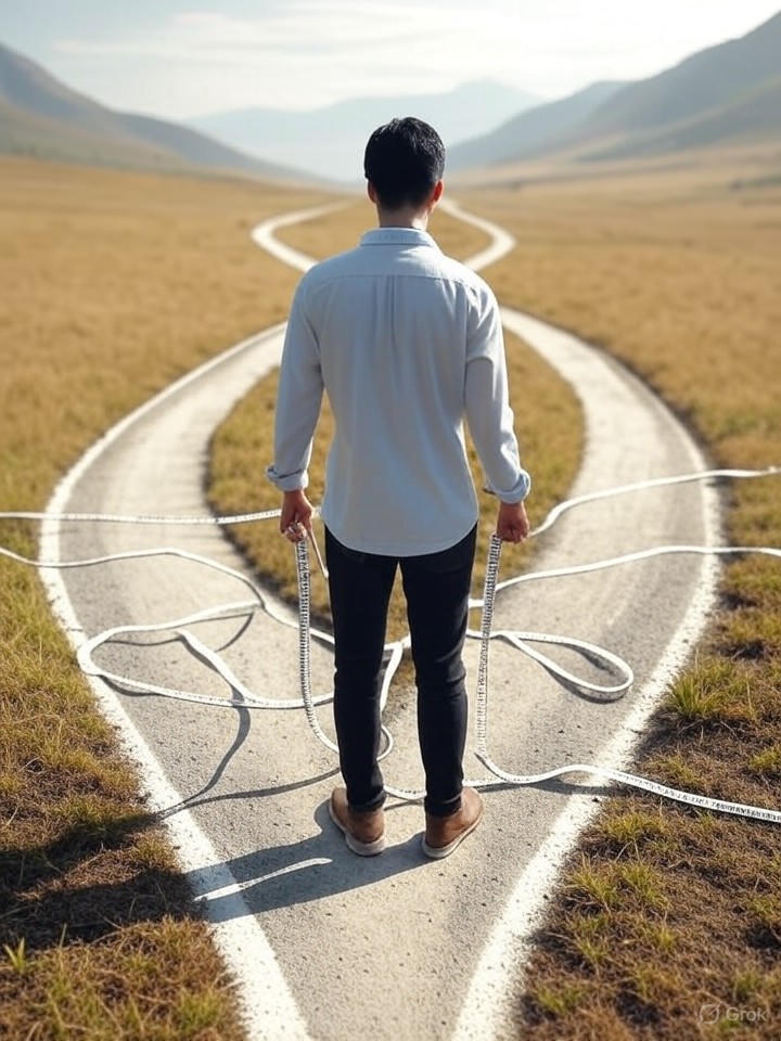 a person standing at a crossroads, each path labeled with different AI investment outcomes, looking perplexed and holding a giant calculator