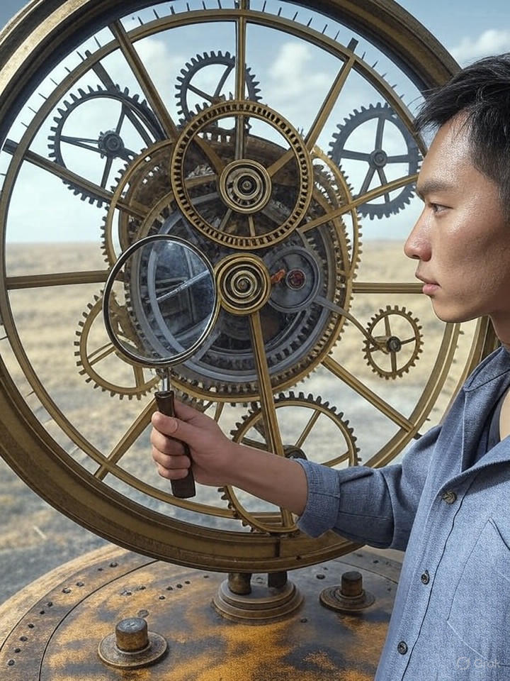 a person with a magnifying glass examining a giant, intricate clockwork mechanism labeled 'AI Project Lifecycle', with gears representing different cost factors like maintenance, updates, and scaling