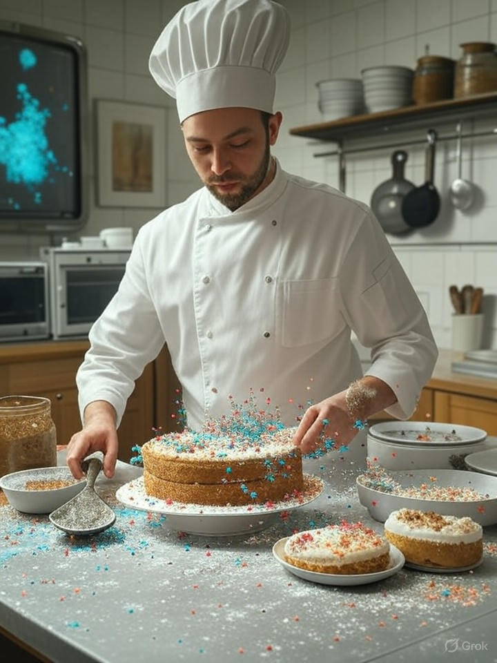 a chef in a surreal kitchen, trying to bake a cake with data points as ingredients, some of which are clearly spoiled or corrupted