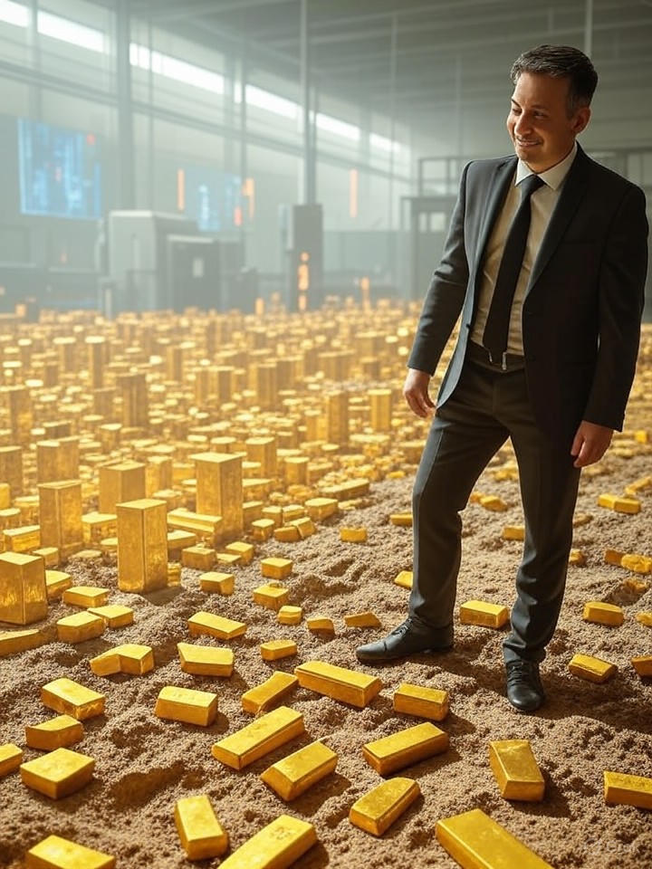 a surreal factory floor where data streams are being processed into solid gold bars, with the main character overseeing the transformation with a satisfied expression