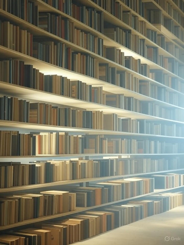 a person in a surreal library where only the first and last books on a shelf are illuminated, representing recency and primacy bias